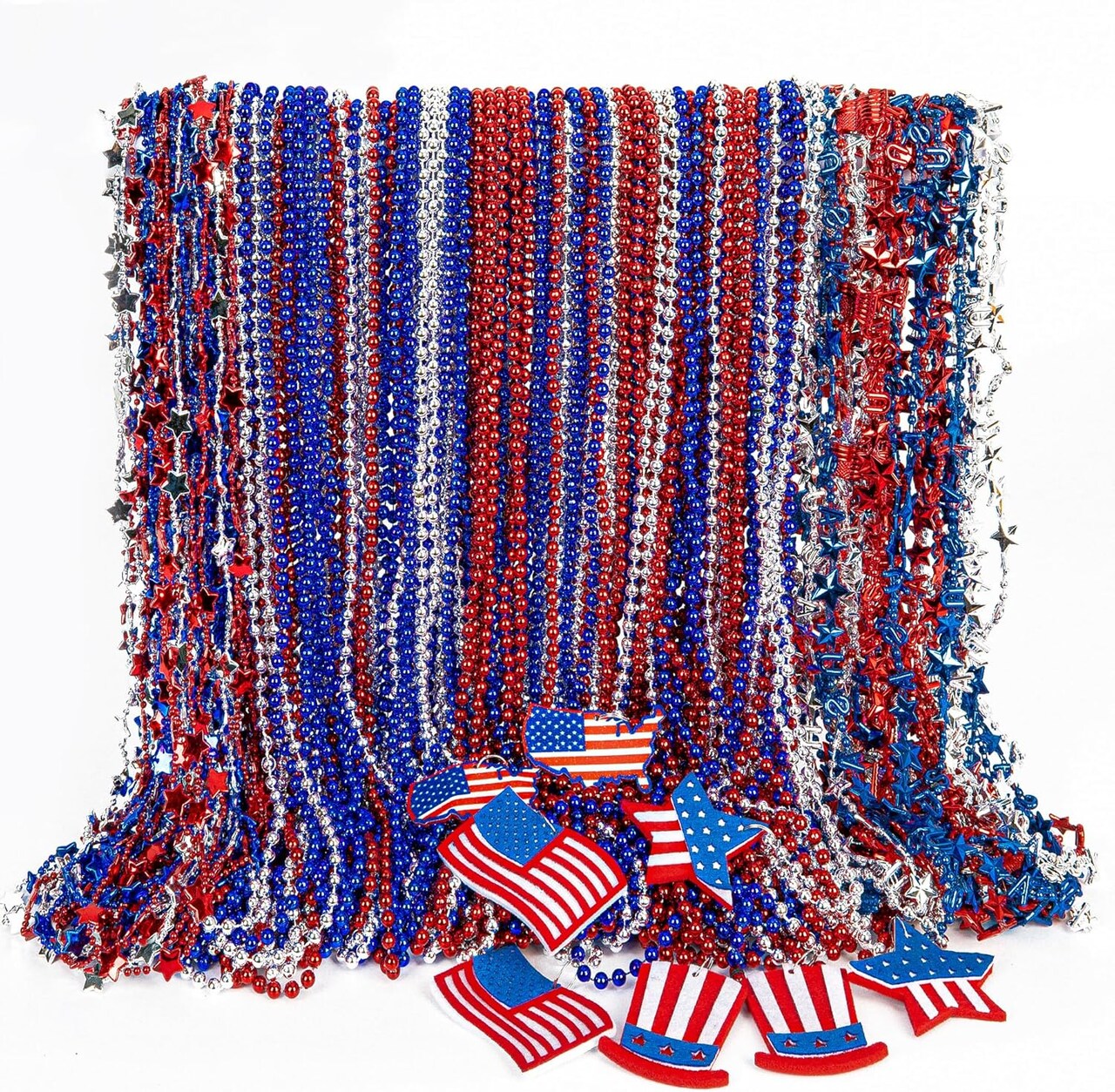 4th of July Party Favors, 120PCS Patriotic Beads Necklaces, Metallic Patriotic Independence Day Red Blue White Necklace USA Hat Flags Pendant